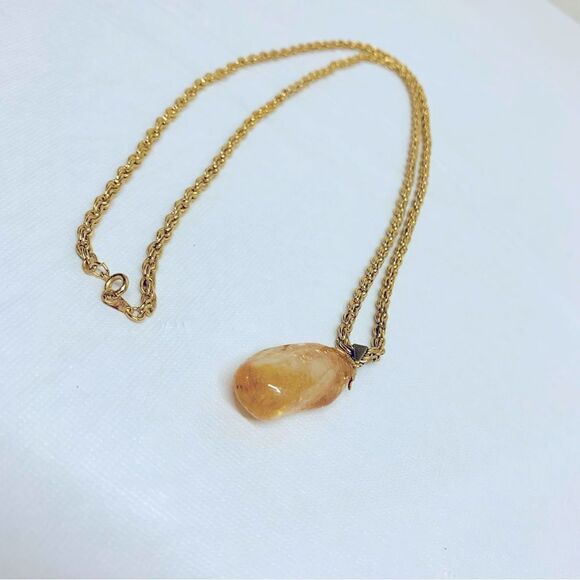 Chunky Citrine Quartz Pendant Necklace on 30” Twisted Gold Tone Chain Vintage - Picture 2 of 7